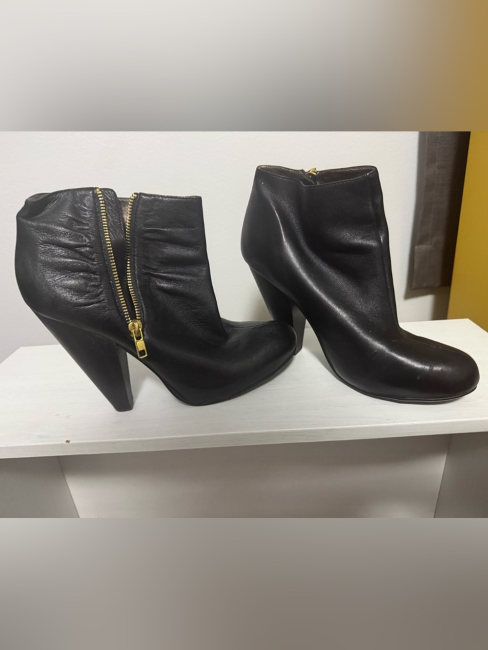 Chinese Laundry Black Women's Leather High Heel Ankle Booties with Gold Zip